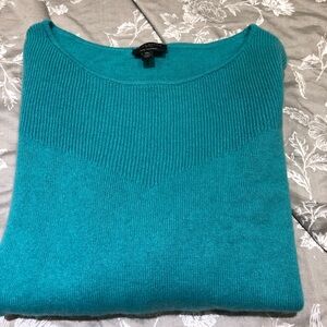 Talbots aqua cashmere sweater 3/4 sleeve ribbed neckline detail medium petite